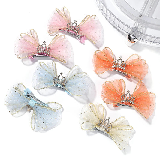 2pcs Girls Hair Clips Lovely Organza Bow Hairpins For Kids Barrettes Zircon Crown Hair Ornaments Children Baby Hair Accessories