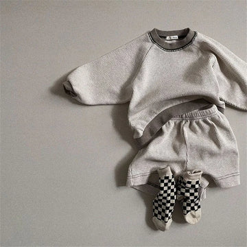 Autumn New Baby Long Sleeve Clothes Set Boys Girls Solid Waffle Tops + Shorts 2pcs Suit Infant Toddler Casual Sweatshirt Outfits